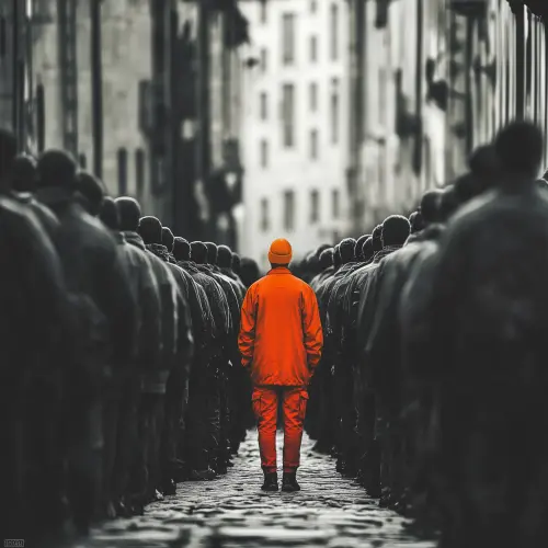 A person wearing bright orange walking confidently through a crowd of people dressed in dark colors, symbolizing standing out through effective web design, offered by Rekode Studios, a Vancouver-based digital agency.