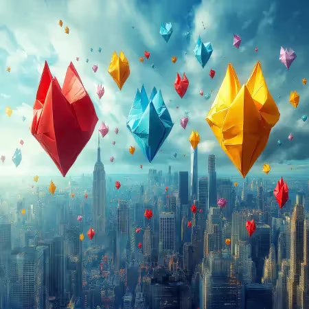 Vivid origami crystals floating above a bustling cityscape, illustrating the diverse and creative possibilities in digital marketing offered by Rekode Studios in Vancouver, BC.