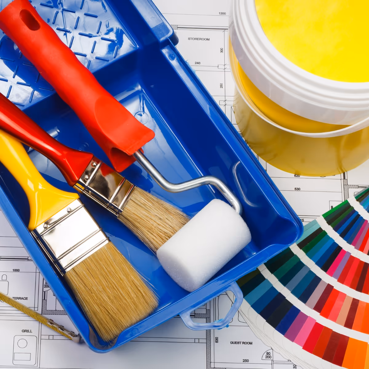 Painting equipment on the ground.