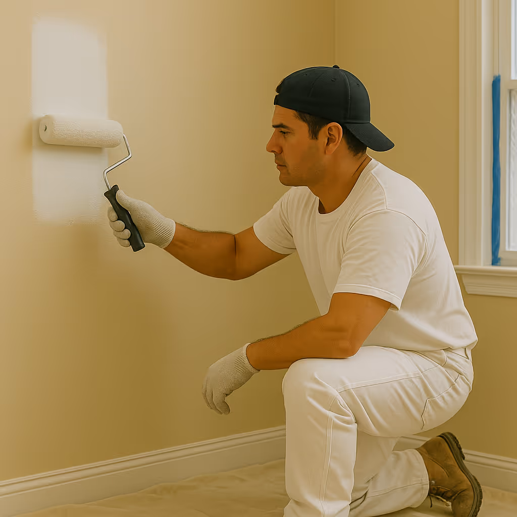 Man using paint roller inside