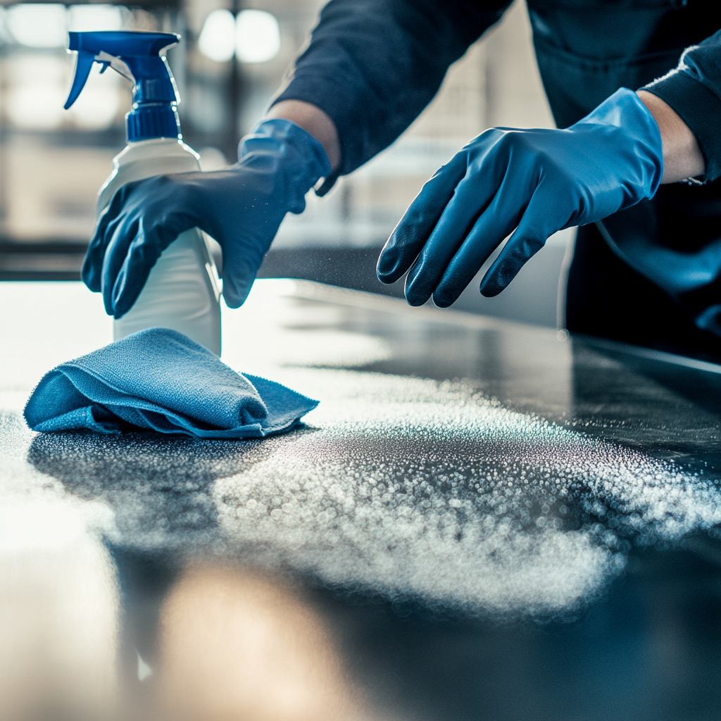 Professional cleaner wearing dark blue protective gloves, representing quality cleaning service standards