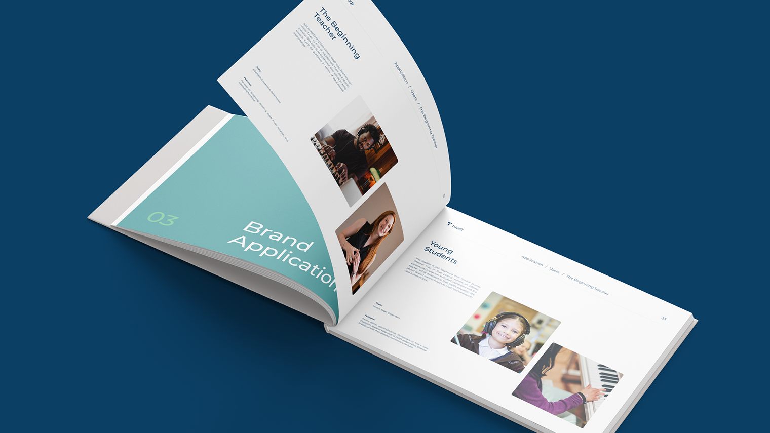 An open Tuudr brand book displaying the "Brand Application" section, featuring user personas with images of music students and teachers engaged in learning and teaching activities.