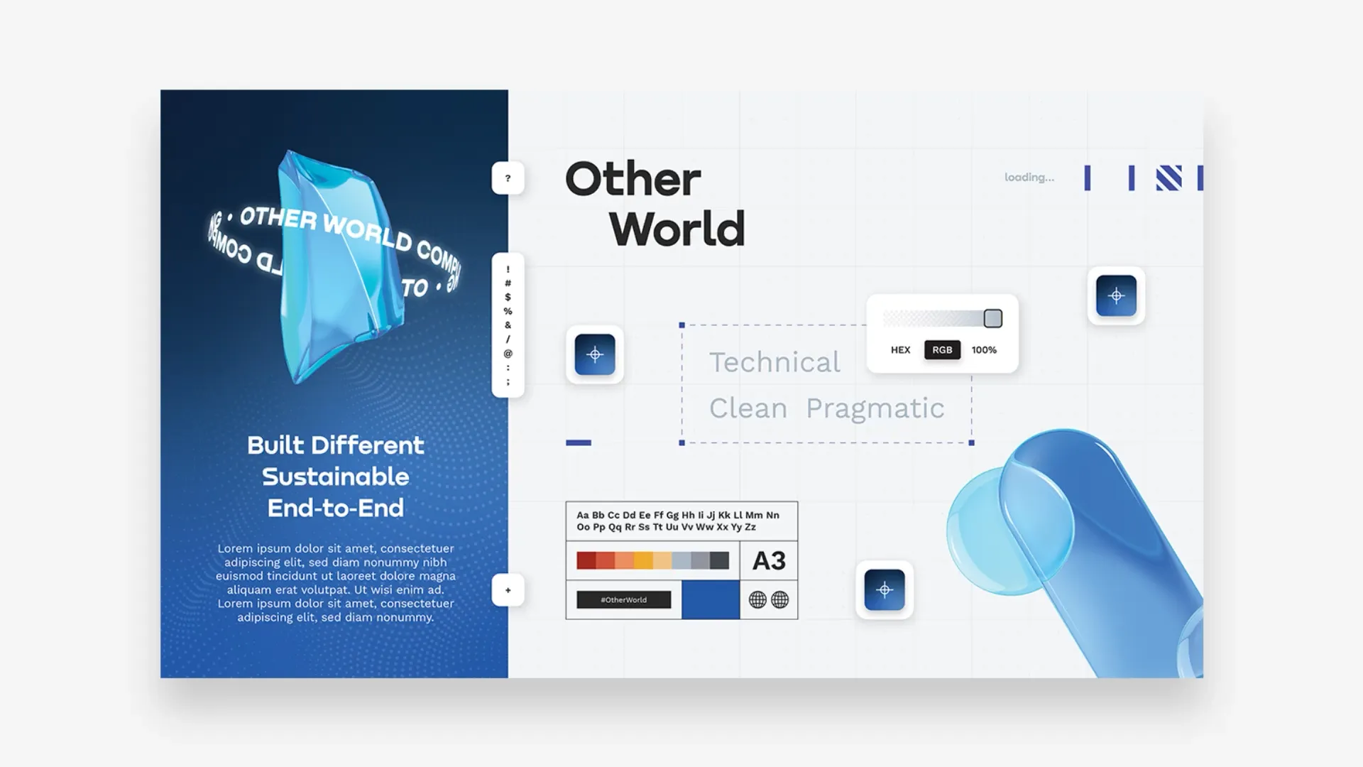 Brand concept layout for Other World featuring blue 3D shapes, grid-based typography, and color palette elements with text highlighting sustainability and technology.