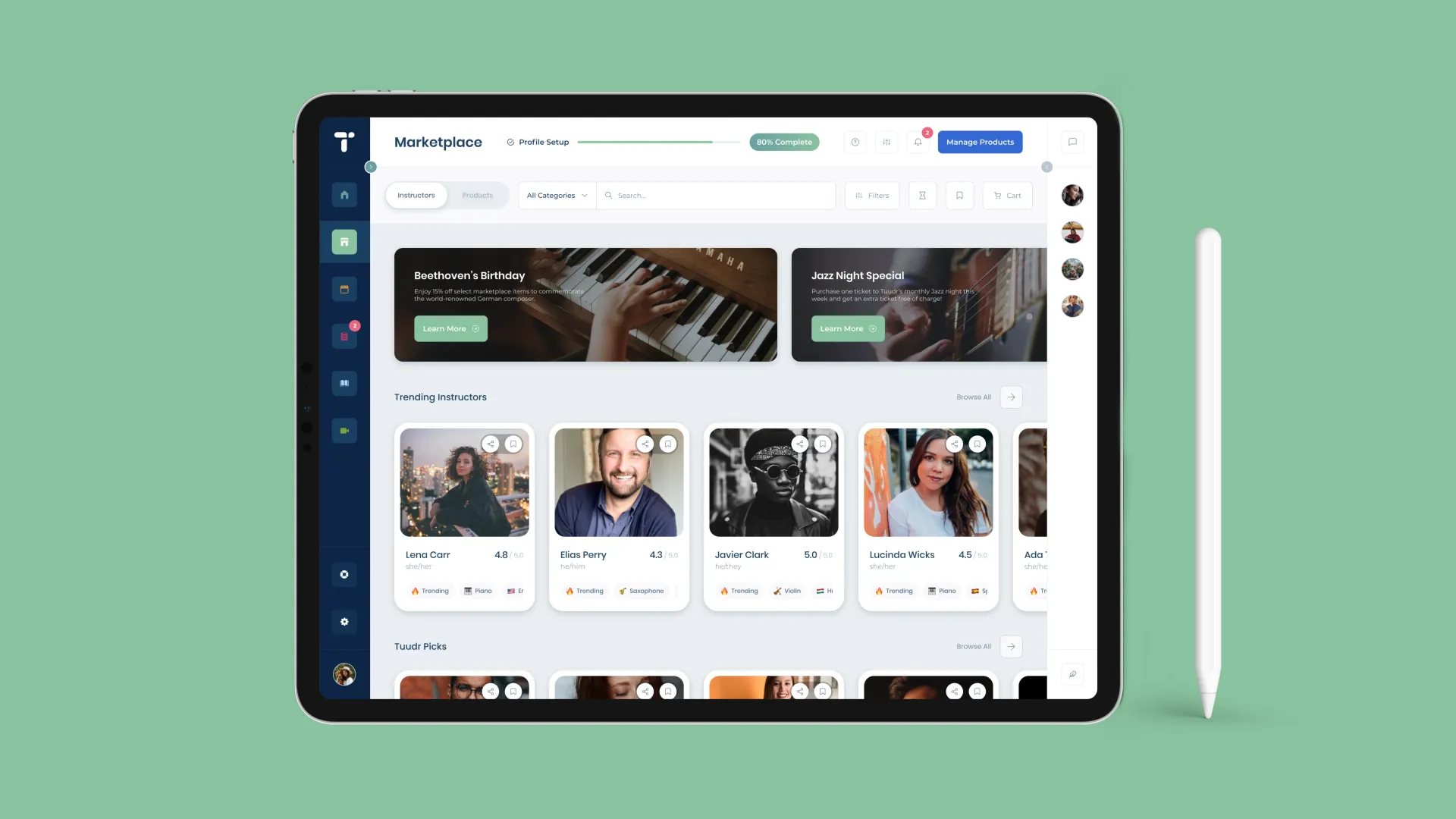 Tablet displaying Tuudr learning dashboard with progress charts, activity tracking, and student engagement stats on clean green background.