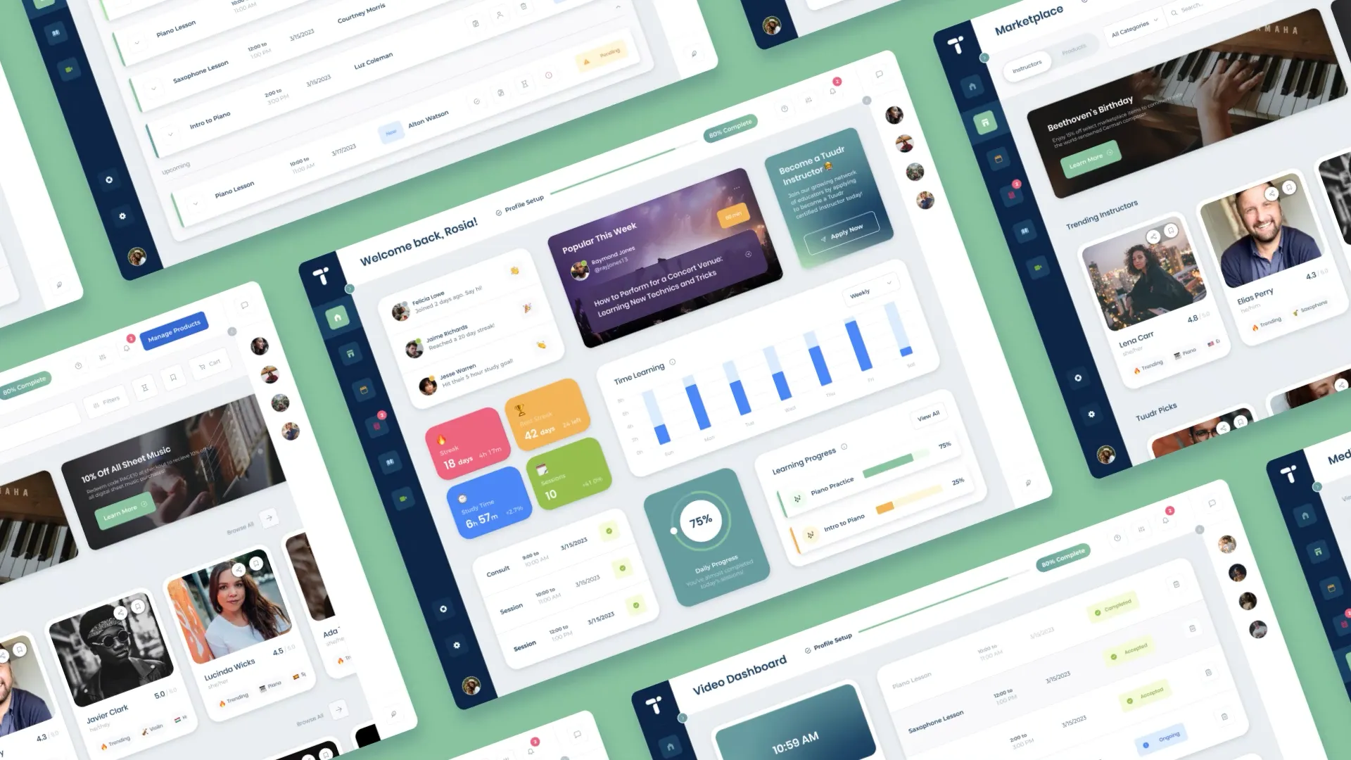 A vibrant, modern dashboard UI for Tuudr, an online music learning platform. The interface showcases learning progress, tutor recommendations, upcoming lessons, and engagement analytics.