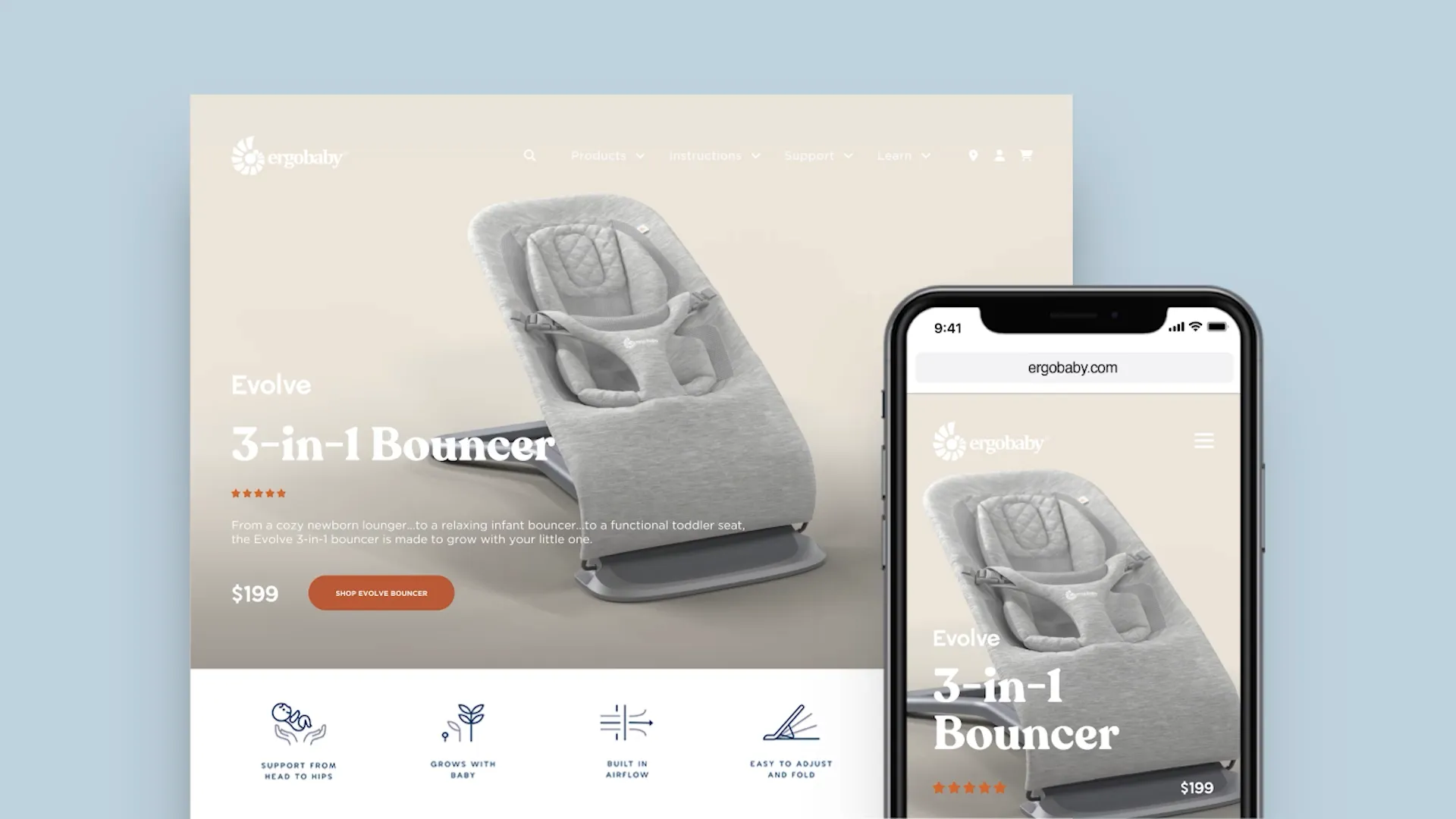 A digital mockup of a product webpage for the Ergobaby Evolve 3-in-1 Bouncer, showcasing a sleek, modern design with a neutral color palette and mobile-friendly layout.