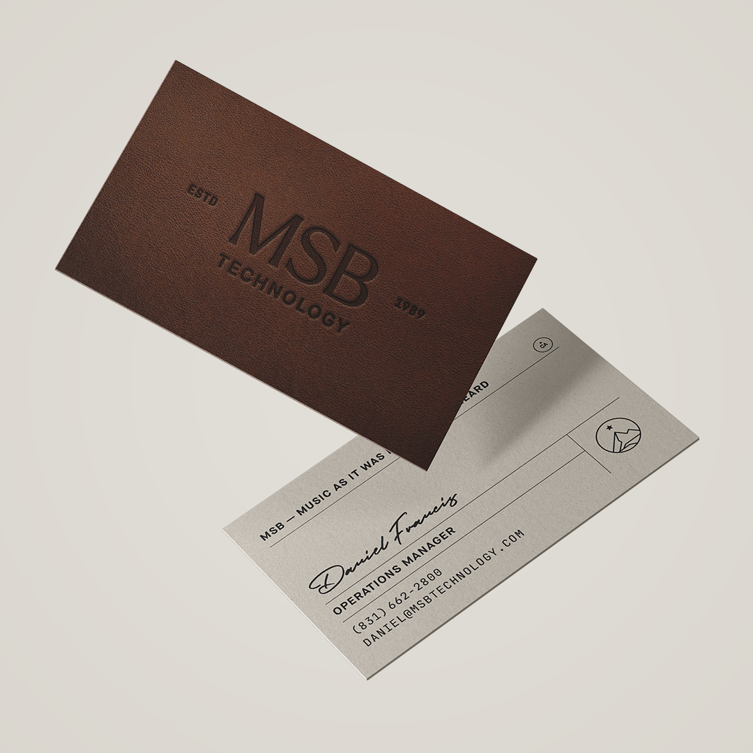 MSB Technology business cards showcasing refined luxury audio brand identity.