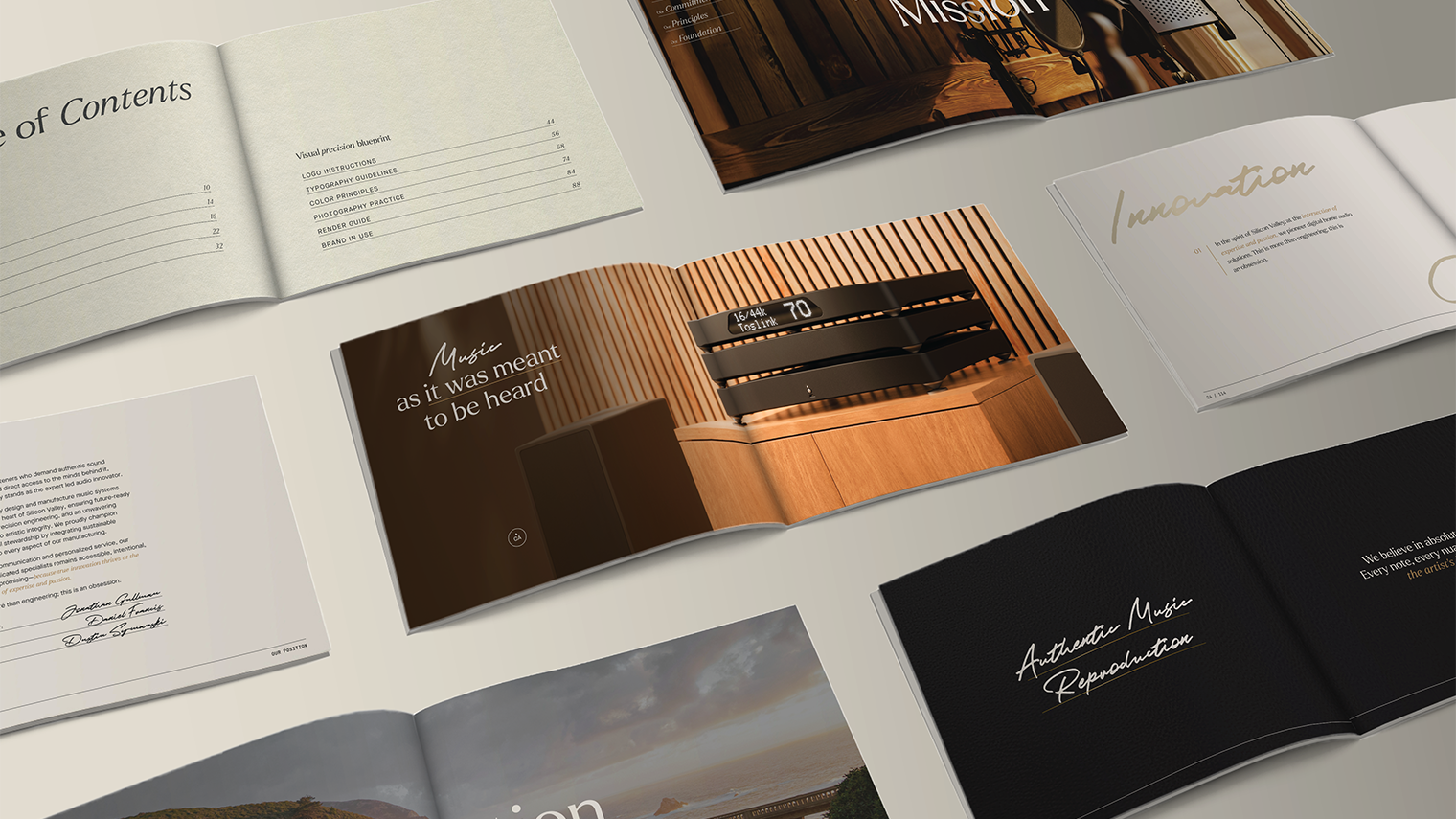 MSB Technology brand book and high-end audio product photography layouts.