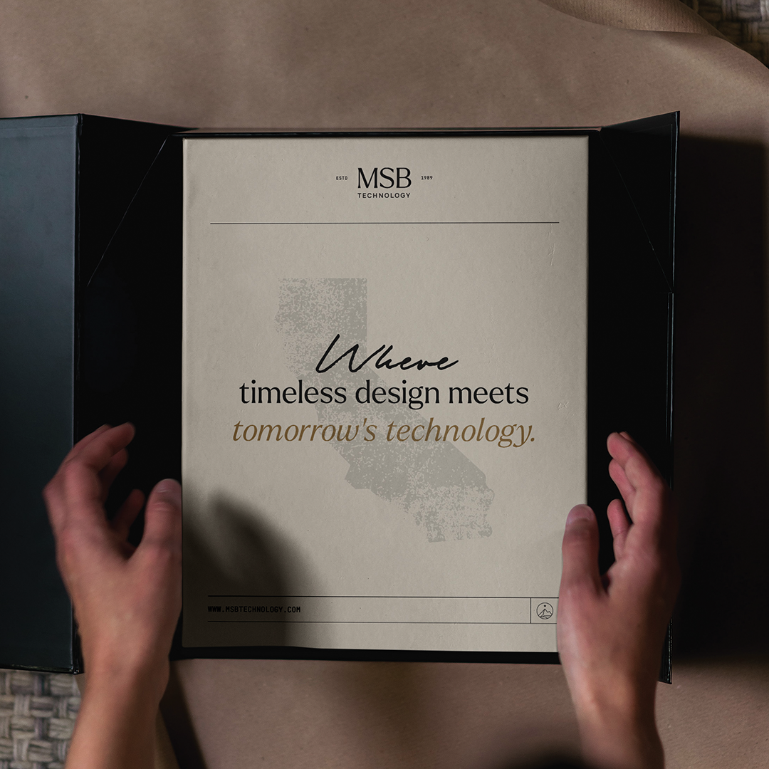 MSB Technology presentation folder highlighting timeless design and audio innovation.