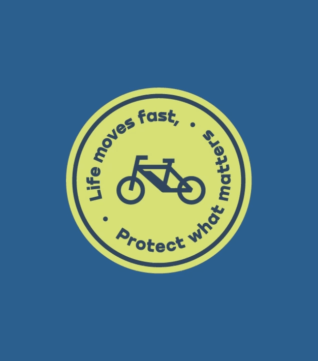 Animated Ozmo sticker alternating between a circular “Life moves fast. Protect what matters.” text badge and a smiling emoji icon.