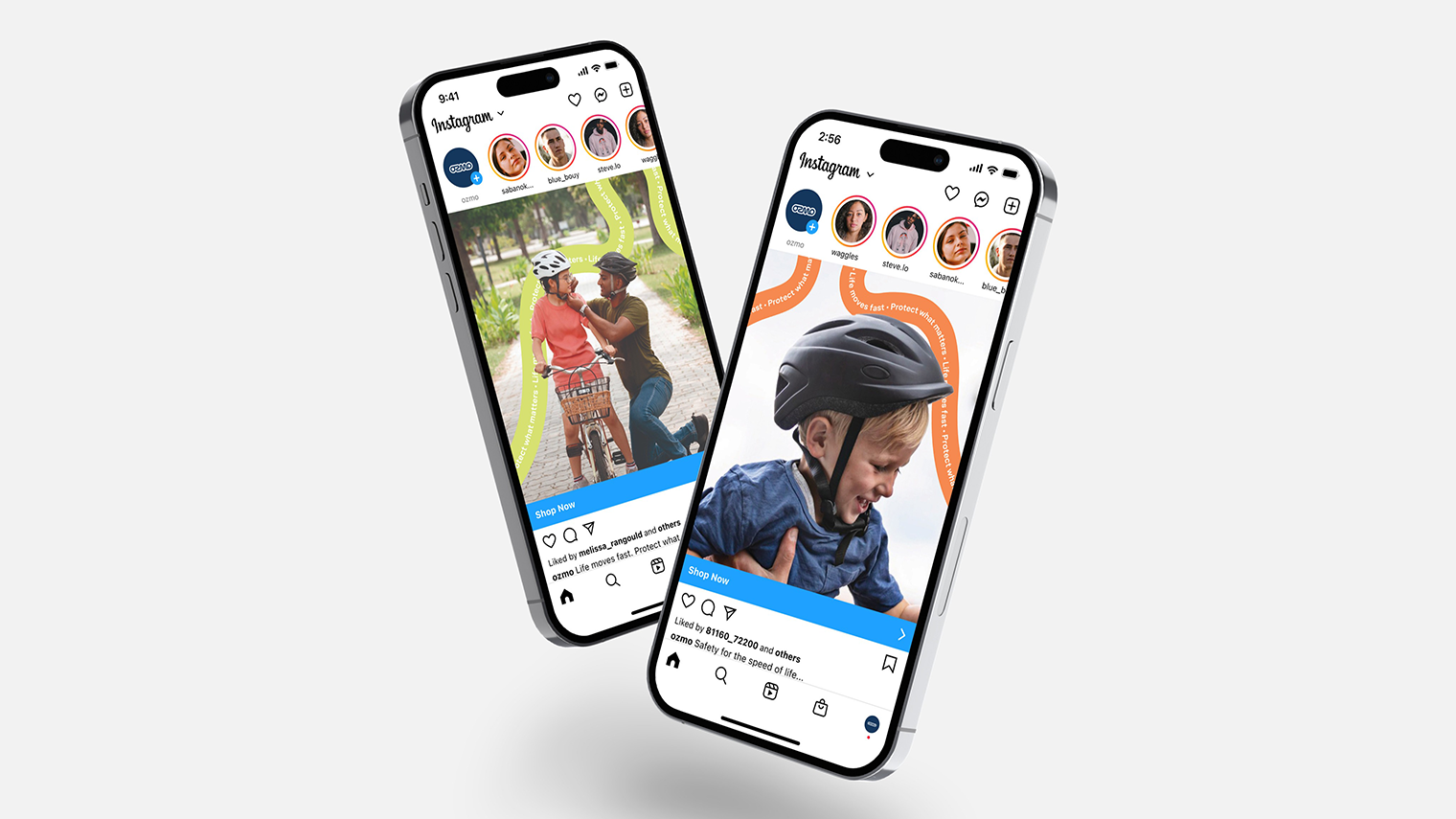 Ozmo Instagram ads displayed on smartphones promoting kids bike helmets and urban safety.