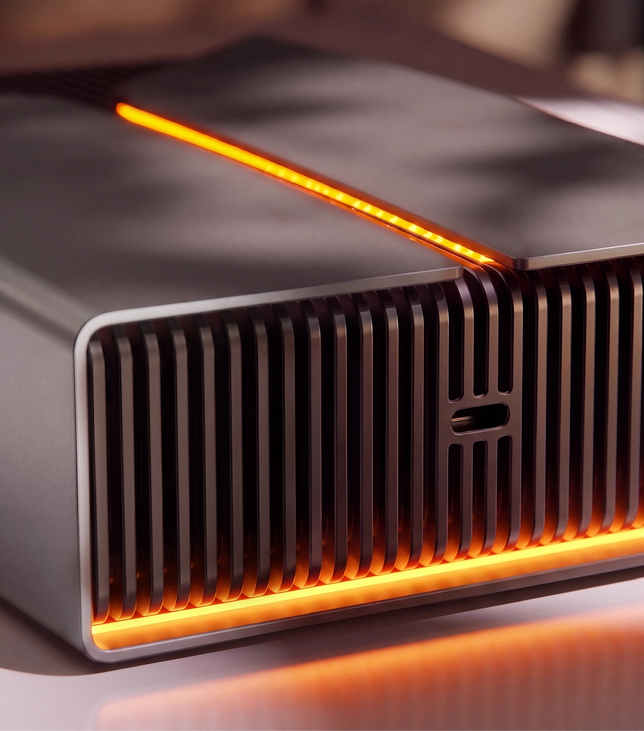 Close-up of FireCuda X gaming hard drive front cooling fins and orange LED light.