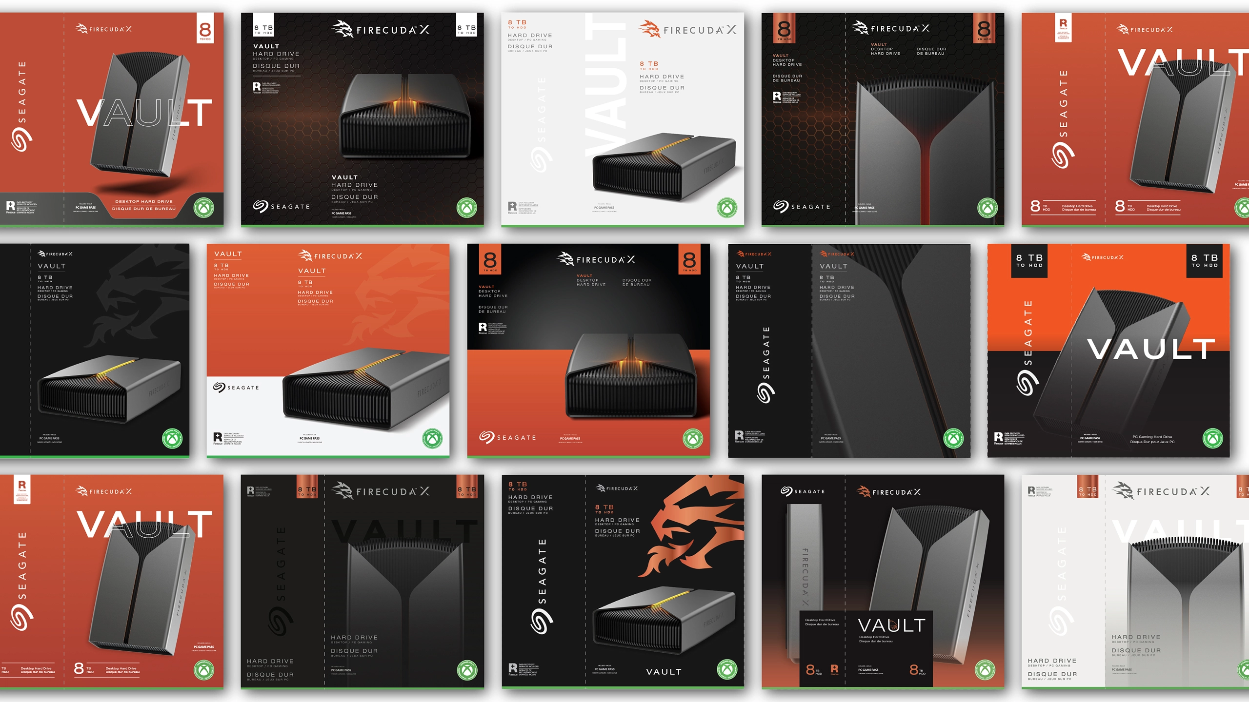 FireCuda X and Seagate Vault external hard drive packaging design concepts.