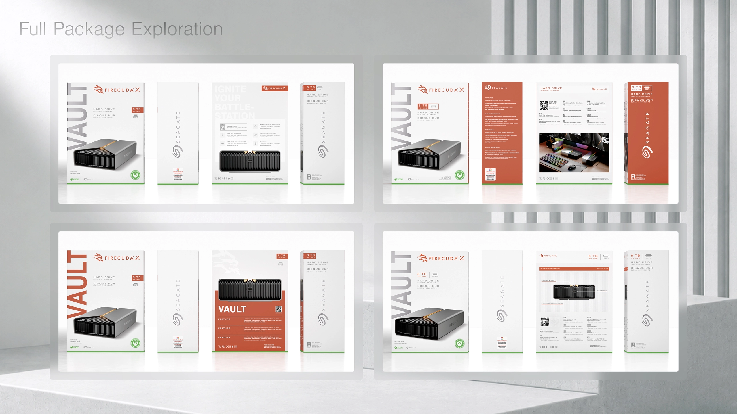 FireCuda X 8TB external hard drive full packaging design exploration.