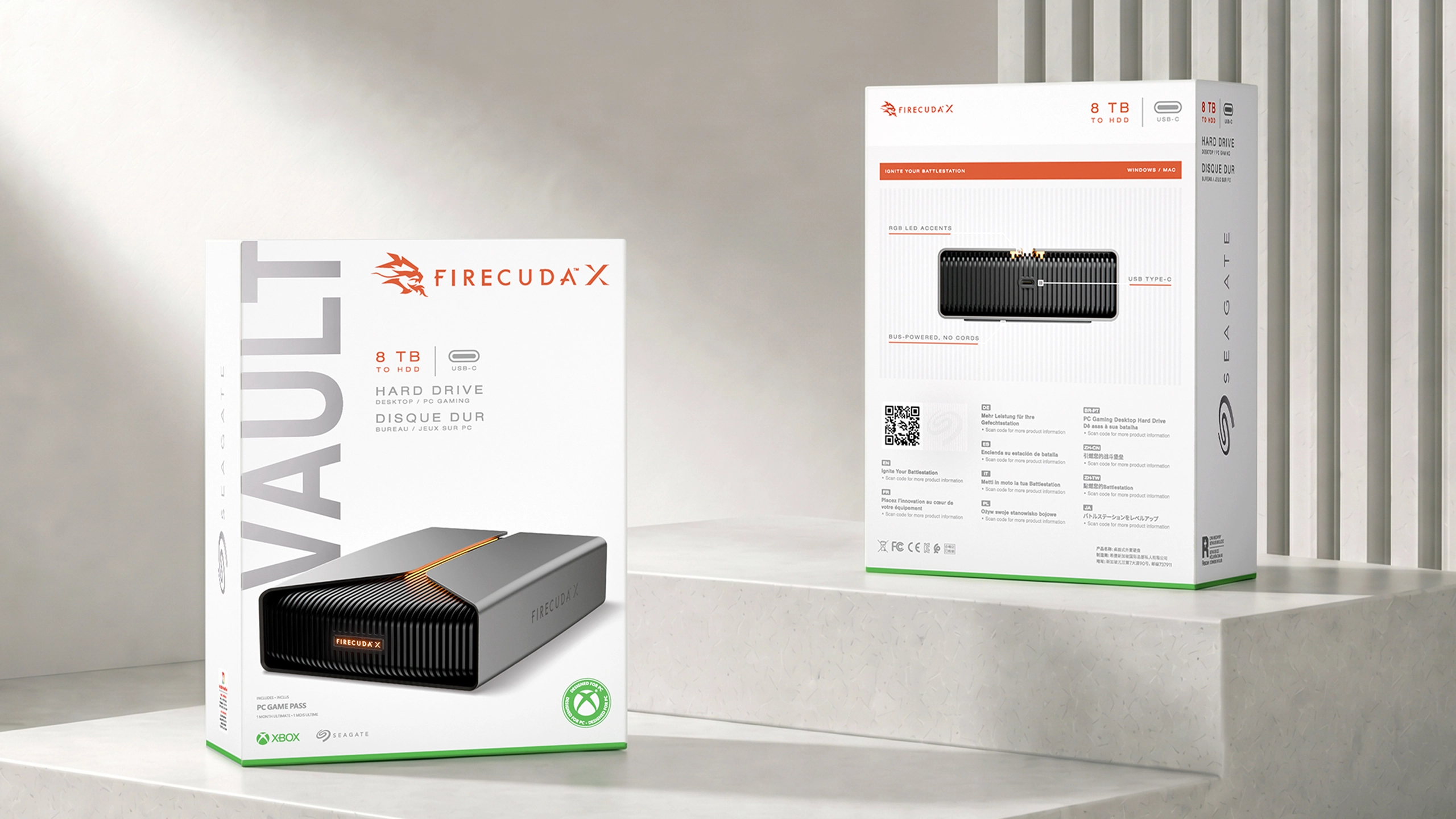 FireCuda X 8TB USB-C external hard drive packaging front and back.