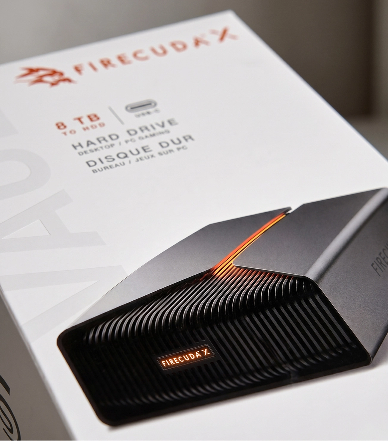 FireCuda X 8TB external gaming hard drive packaging close-up.