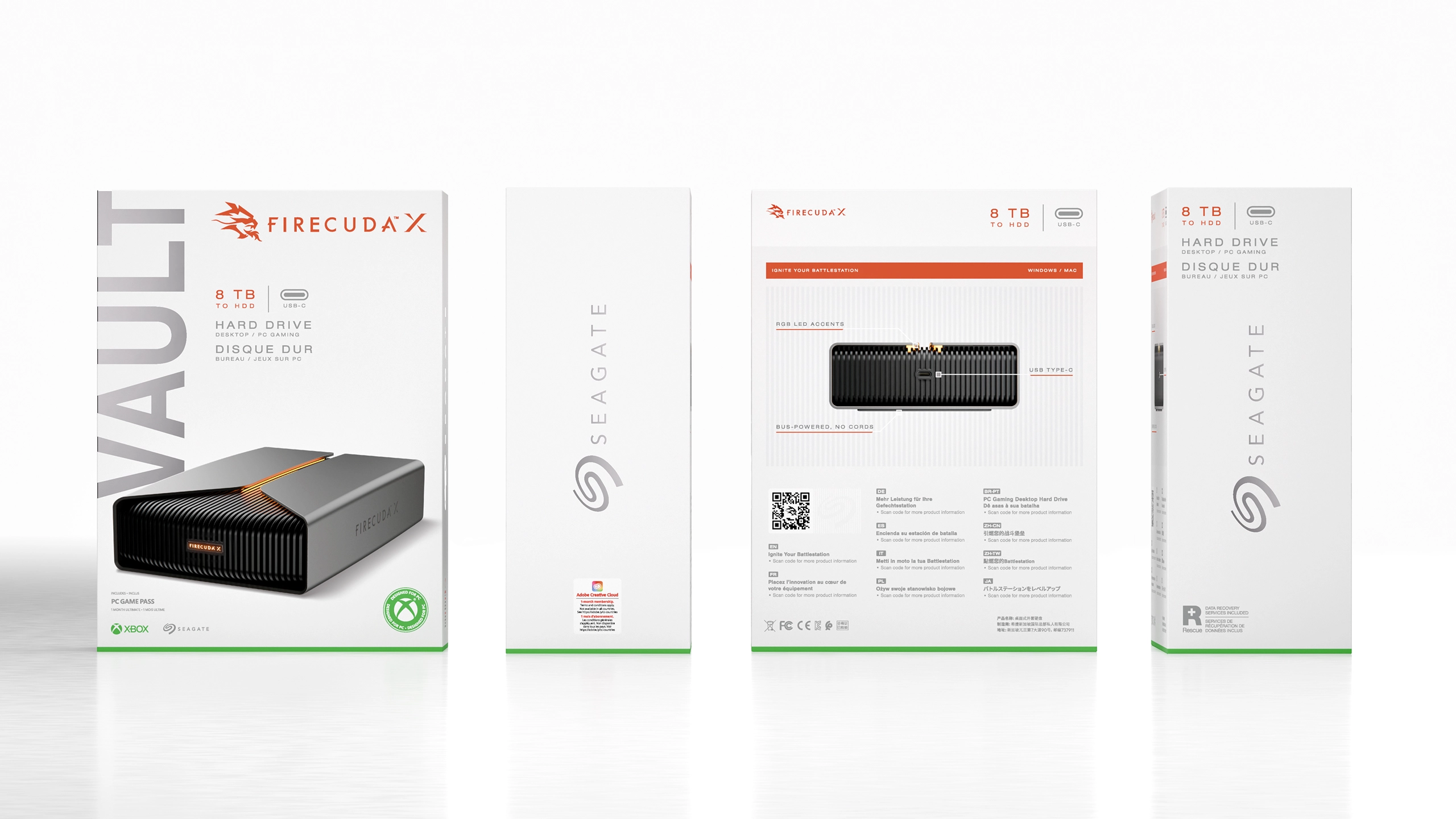 FireCuda X 8TB hard drive retail box packaging side and back views.