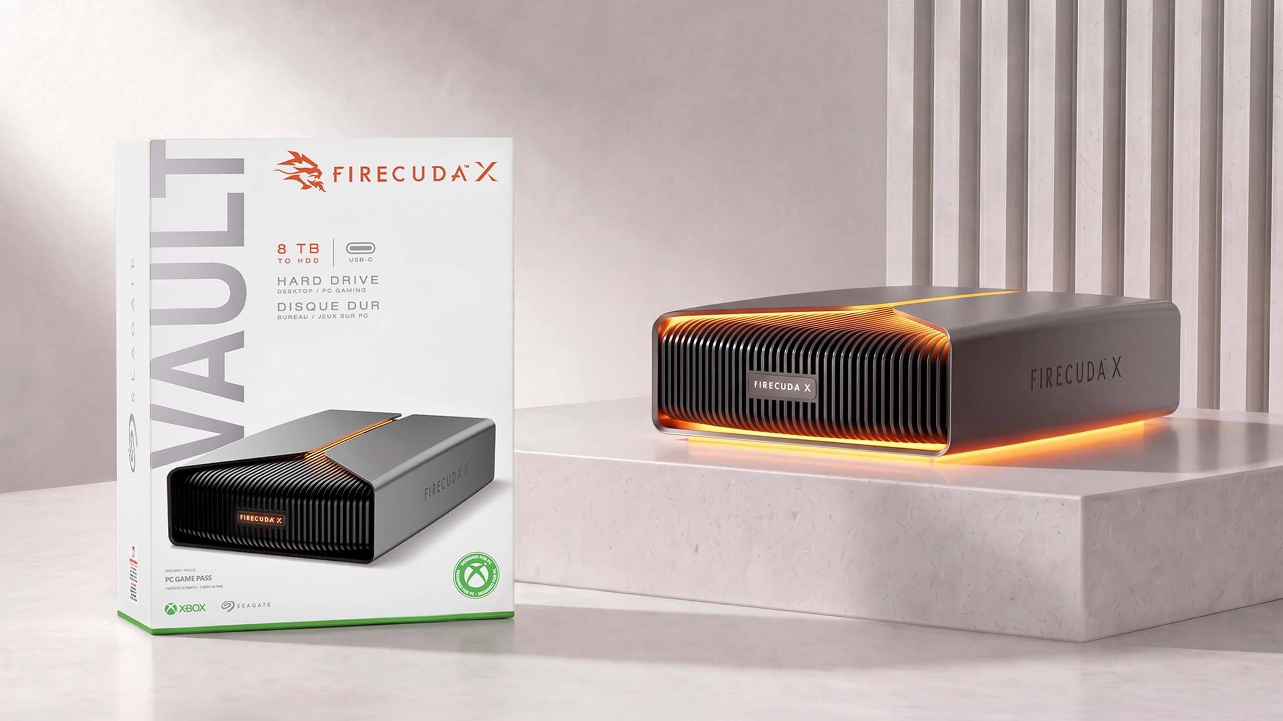 Seagate FireCuda X 8TB external gaming hard drive with retail packaging.