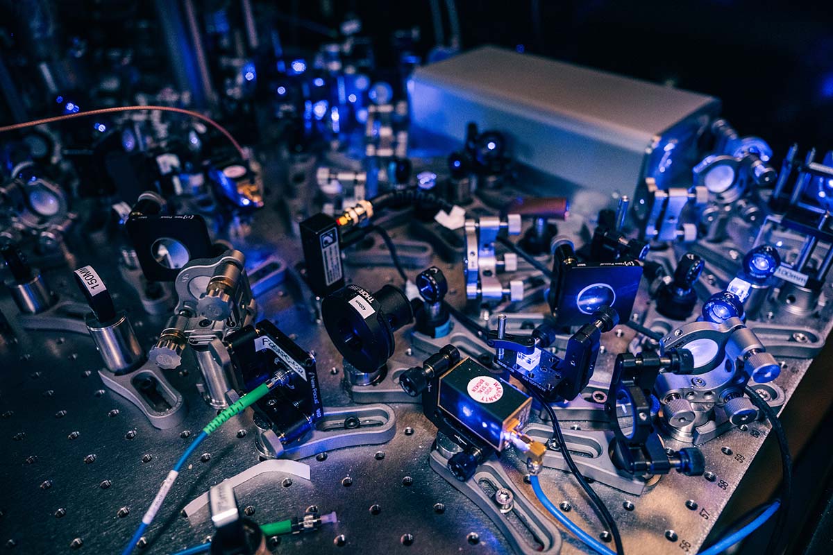 Blue lasers going through equipment for an experiment in light