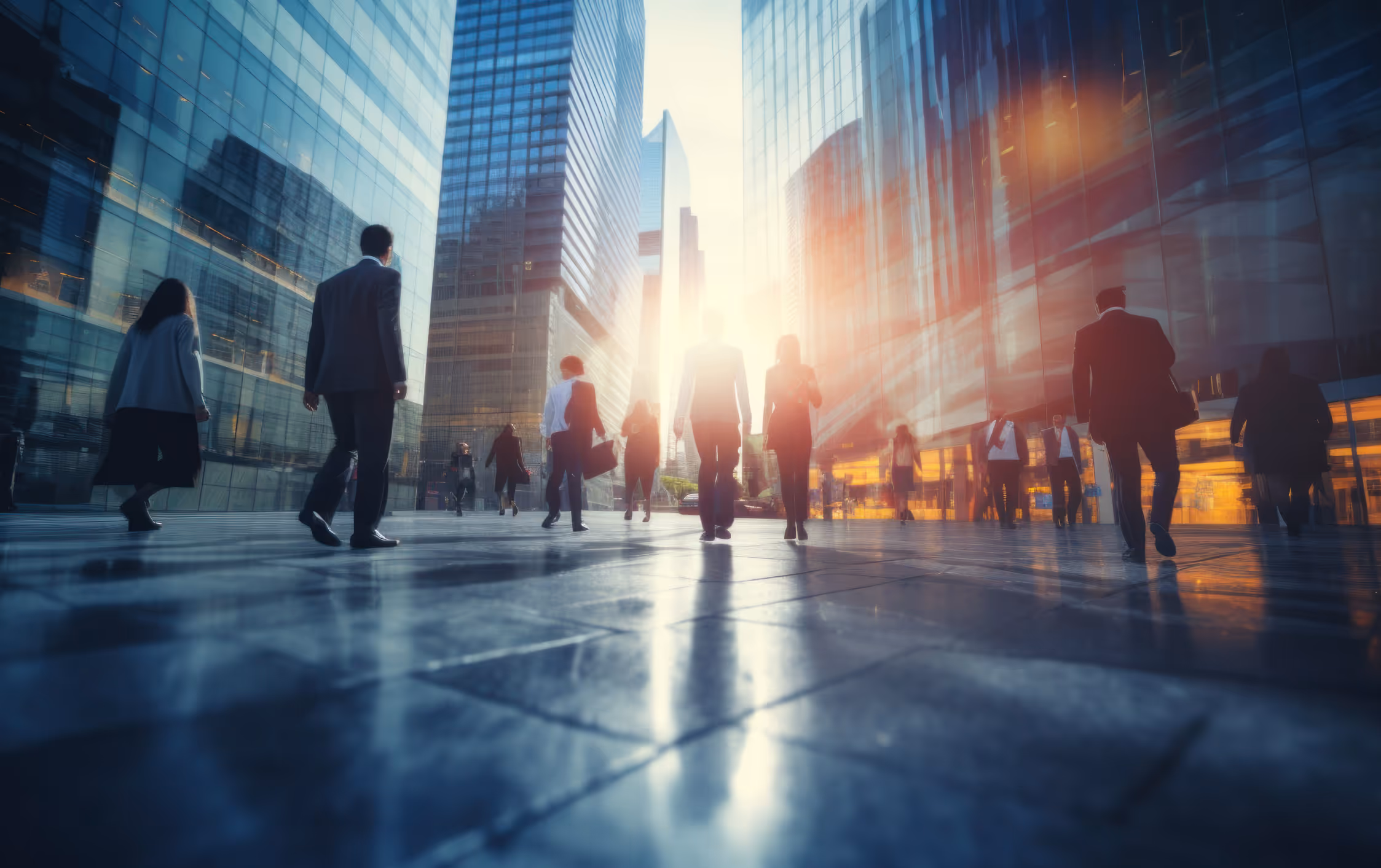 This image captures a bustling urban scene where people, dressed in business attire, are walking through a modern cityscape filled with tall glass buildings. The sunlight is streaming through the gap between the buildings, creating a dramatic effect with warm tones and long shadows on the pavement. The atmosphere conveys the dynamic energy of a busy financial or business district during peak hours.