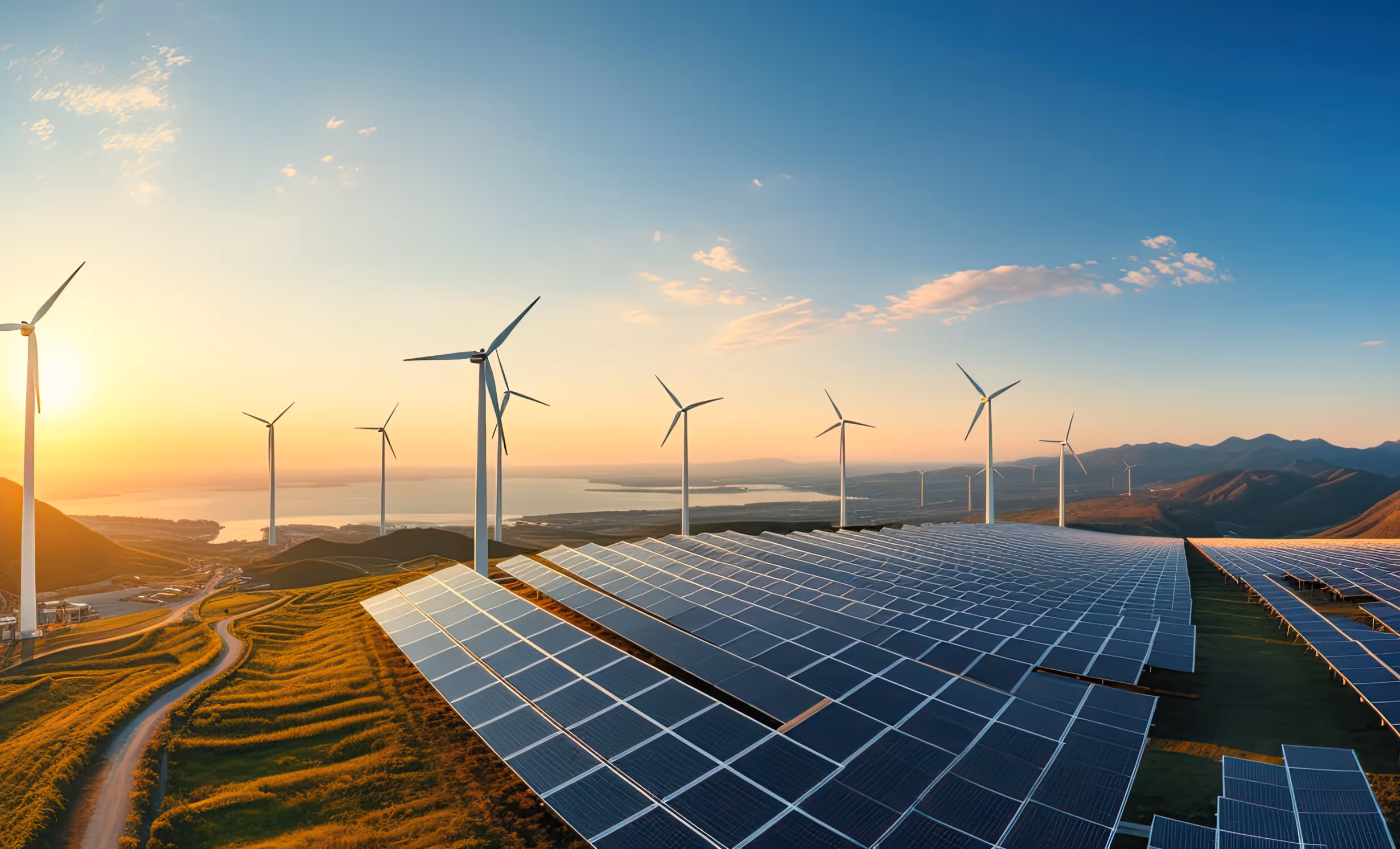 This image depicts a vast renewable energy landscape at sunset, featuring rows of solar panels in the foreground and wind turbines scattered across rolling hills. The sun is setting on the horizon, casting a warm glow over the entire scene. The combination of solar and wind energy sources highlights a commitment to sustainable and clean energy production, set against a backdrop of natural beauty with mountains and water in the distance.
