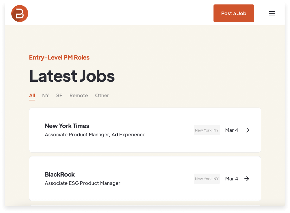 A screenshot from Break Into Product, a job board built with no-code tools.