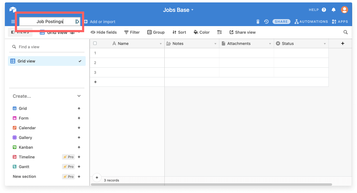 A screenshot of an Airtable Base with the name of the table circled "Job Postings".