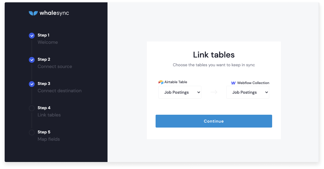 A screenshot from Step 4 of the Whalesync setup flow where a user is prompted with two dropdowns to link tables.