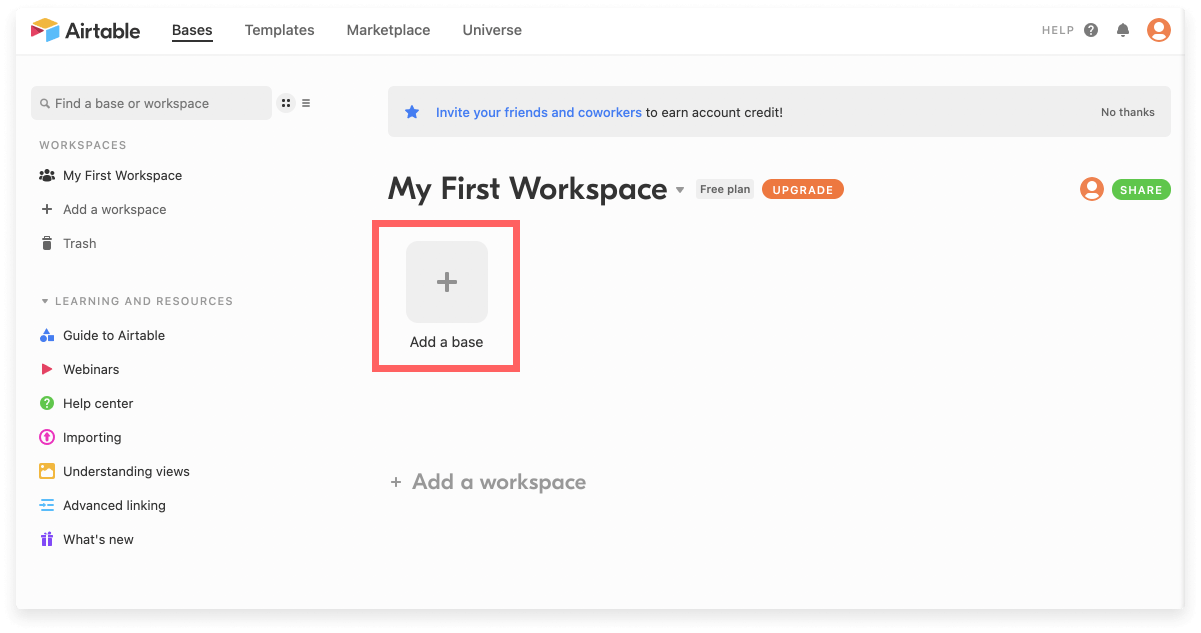 A screenshot of the Airtable dashboard with a button that says "Add a Base" circled in red.