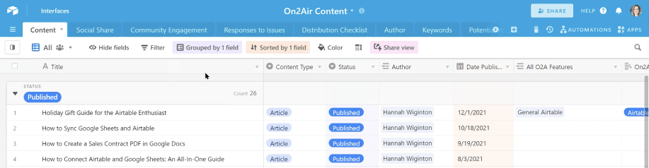 Airtable base for blog content