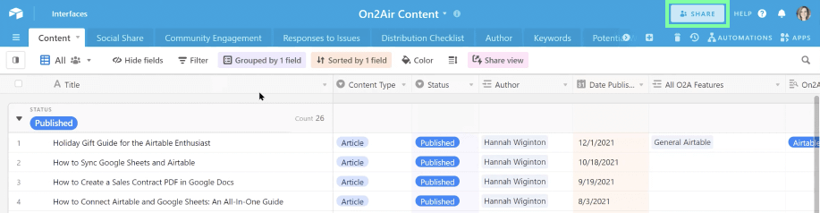 Share your Airtable with other bloggers on the team
