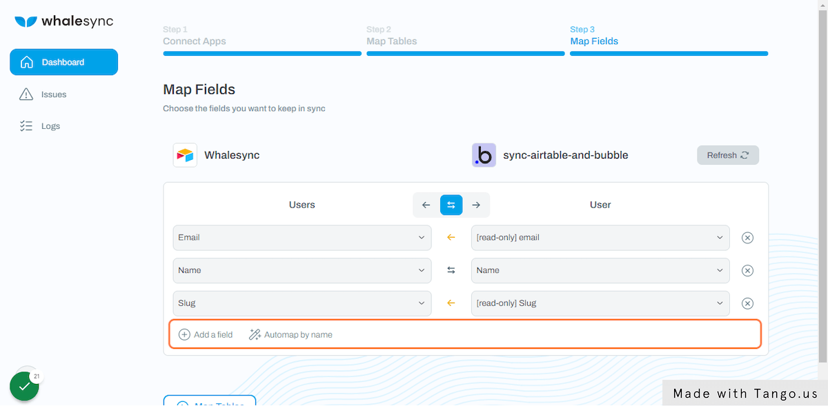 Add the Fields that you want to sync