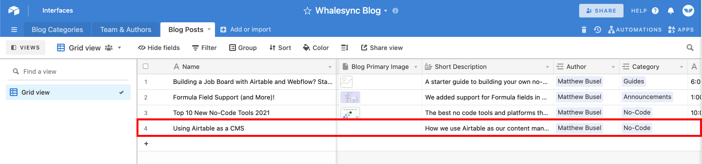 Red outline around an Airtable record called "Using Airtable as a CMS"