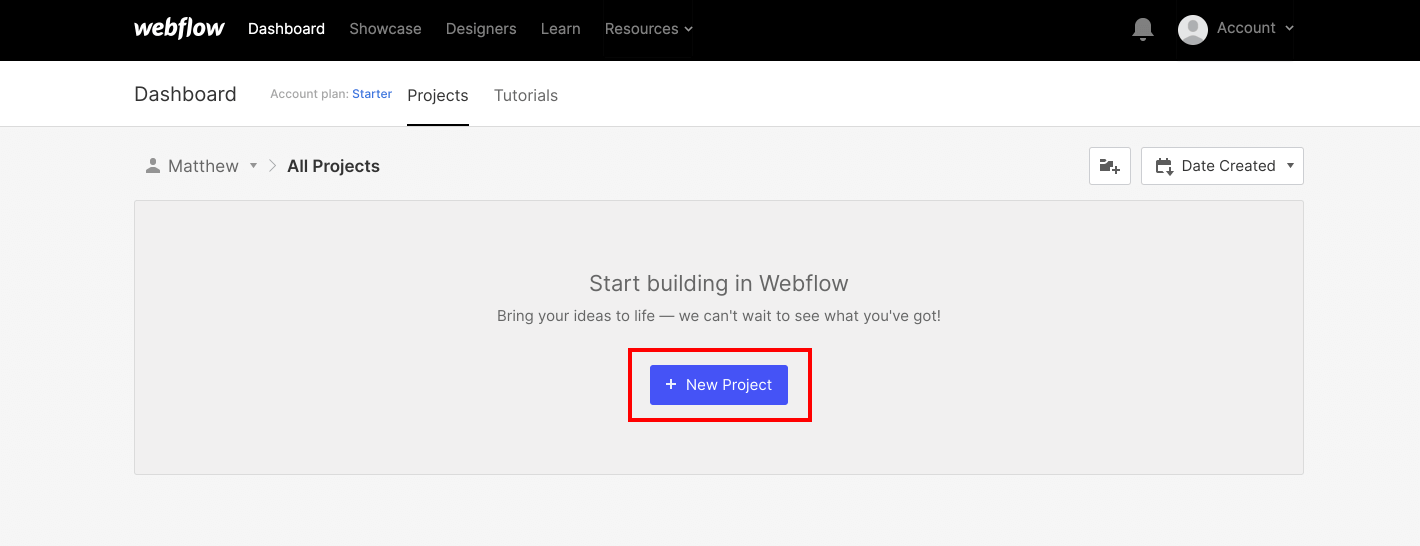 Screenshot of Webflow with a big red outline around the "New Project" button