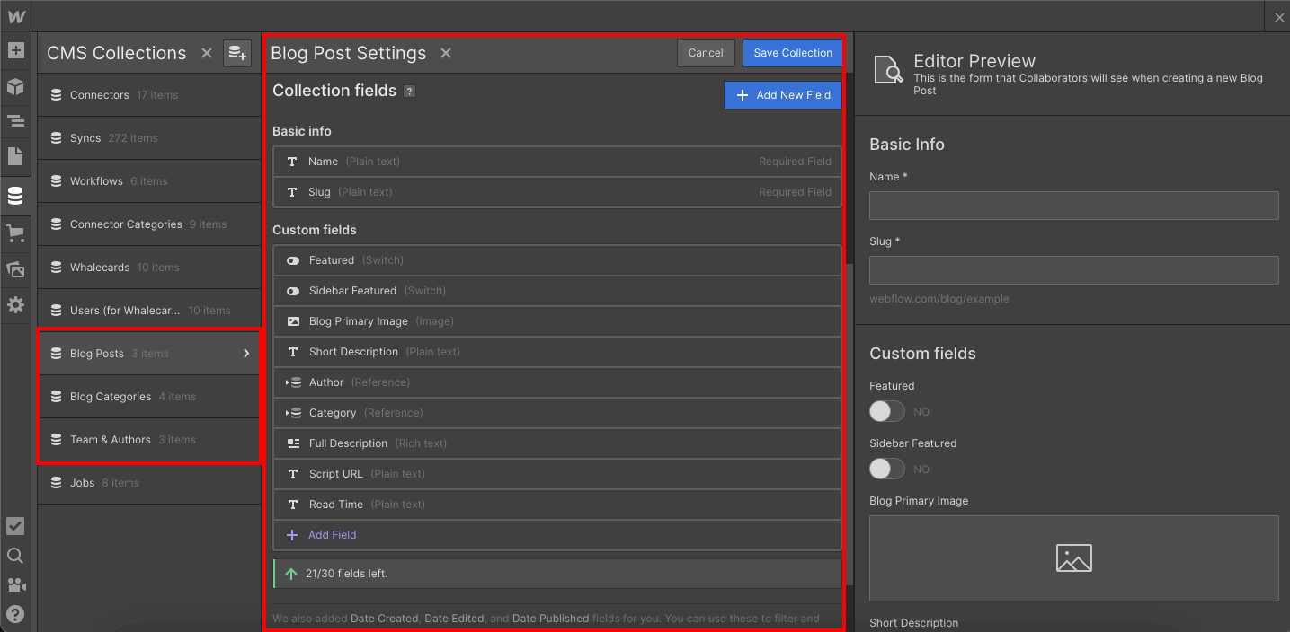 Webflow CMS database