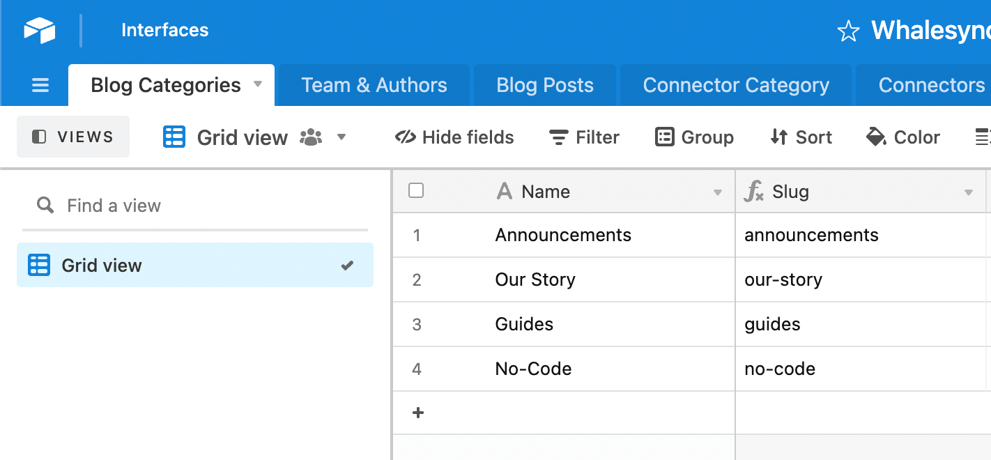 Screenshot of Airtable table called "Blog Categories" in our Airtable headless CMS