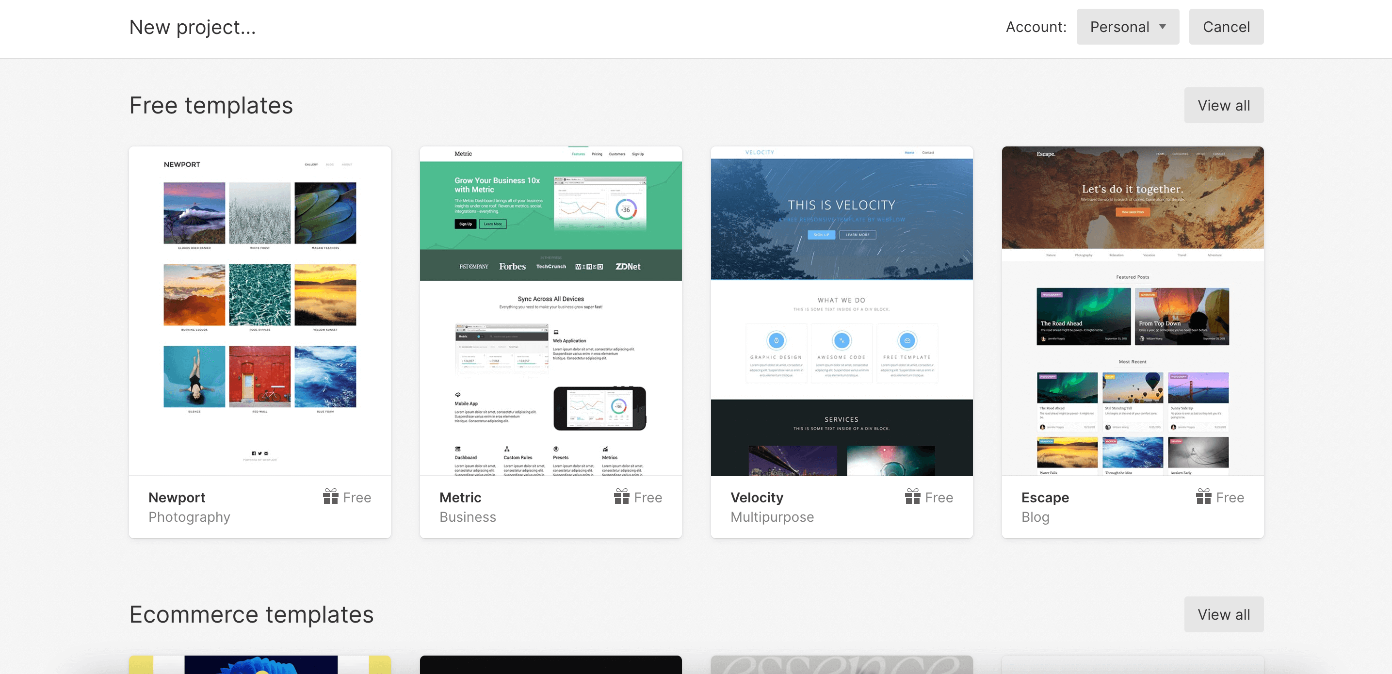 Screenshot of Webflow's sign up flow showing a few of their templates