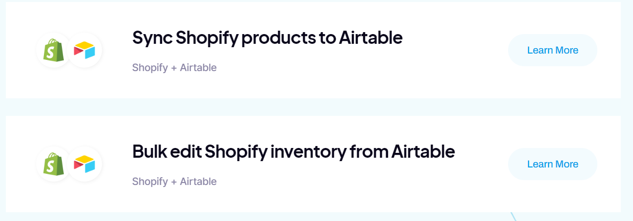 Two of the many Airtable Shopify two-way syncs.