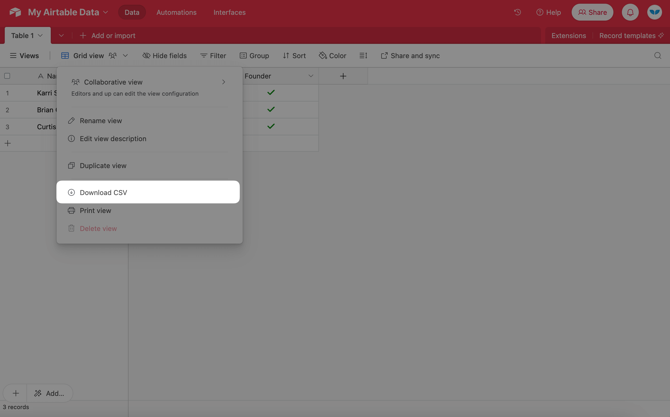 Clicking “Download CSV” will prepare an Airtable data export in the form of a CSV file