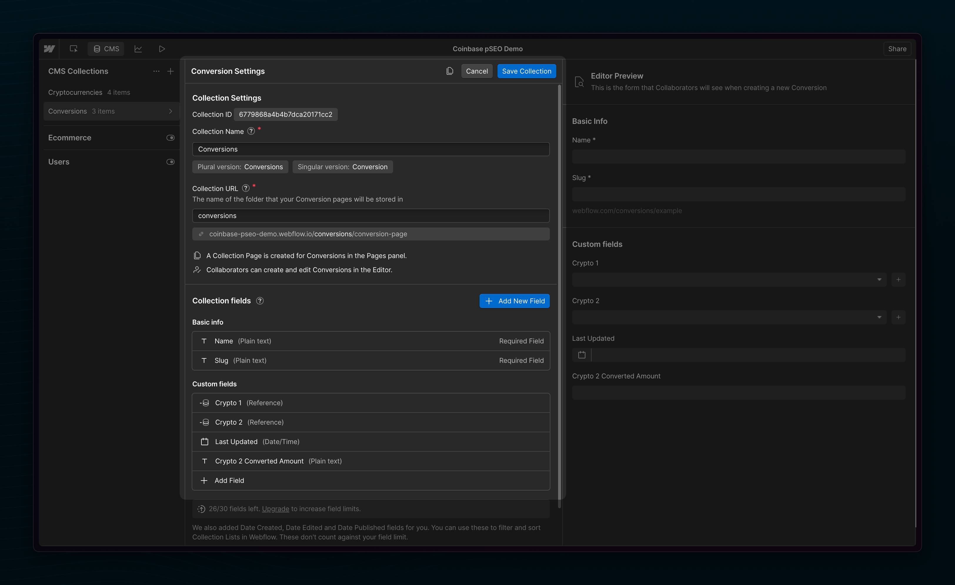 Example creation of a new Webflow collection called “Cryptocurrencies”