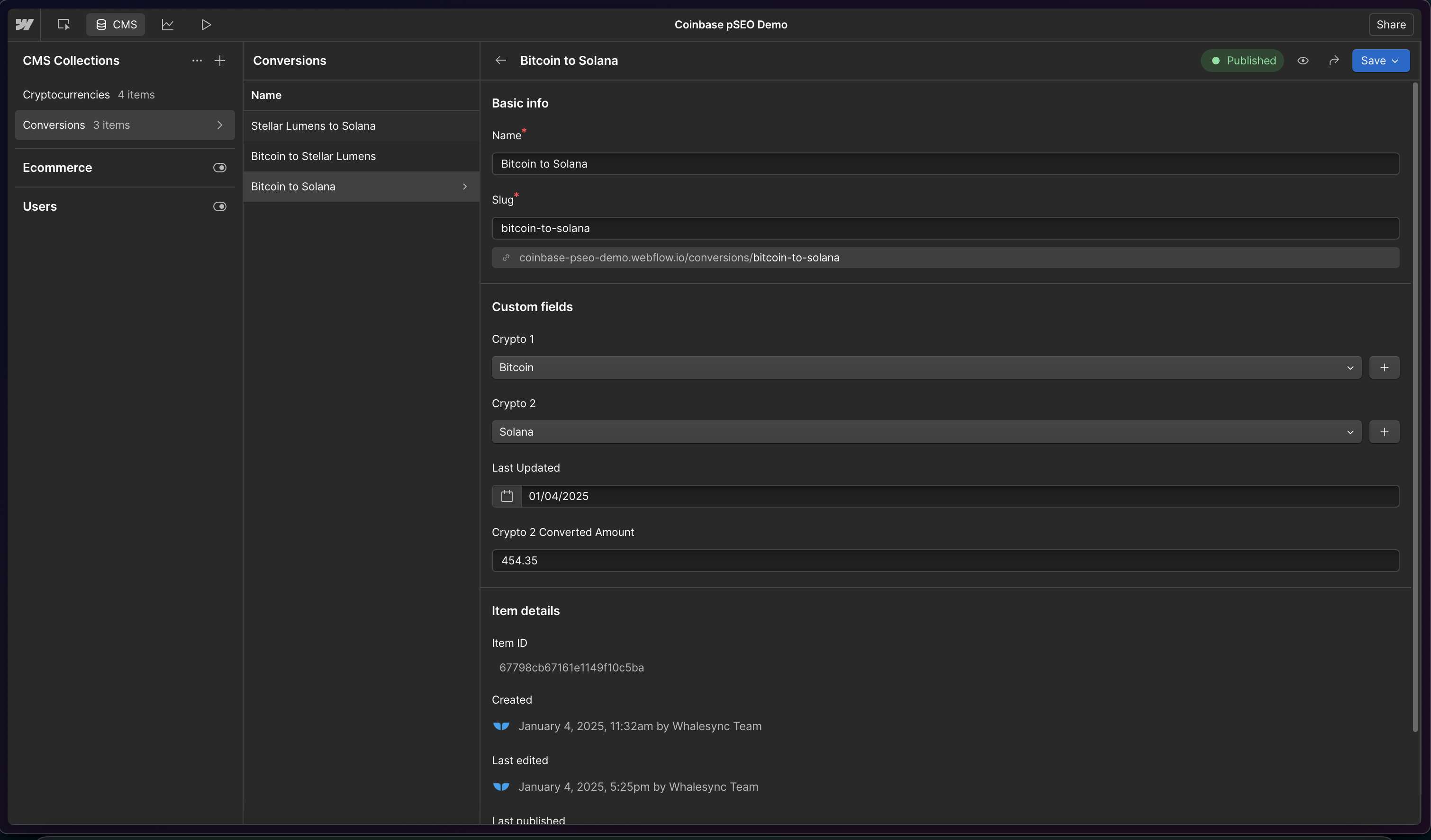 Creating a record in the Conversions table called “Bitcoin to Solana”