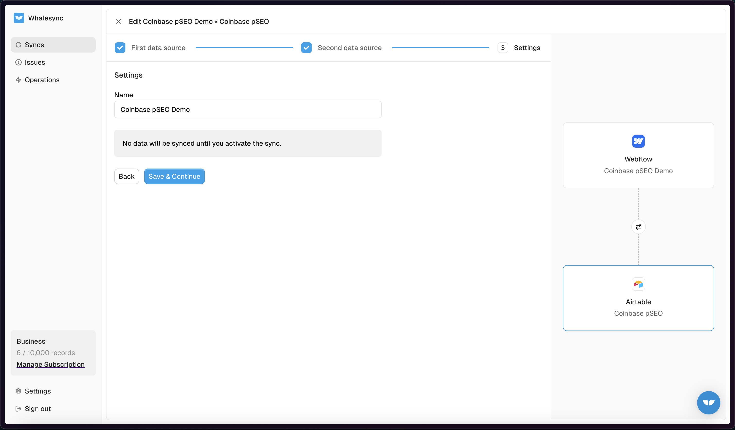 Creating a new sync in Whalesync