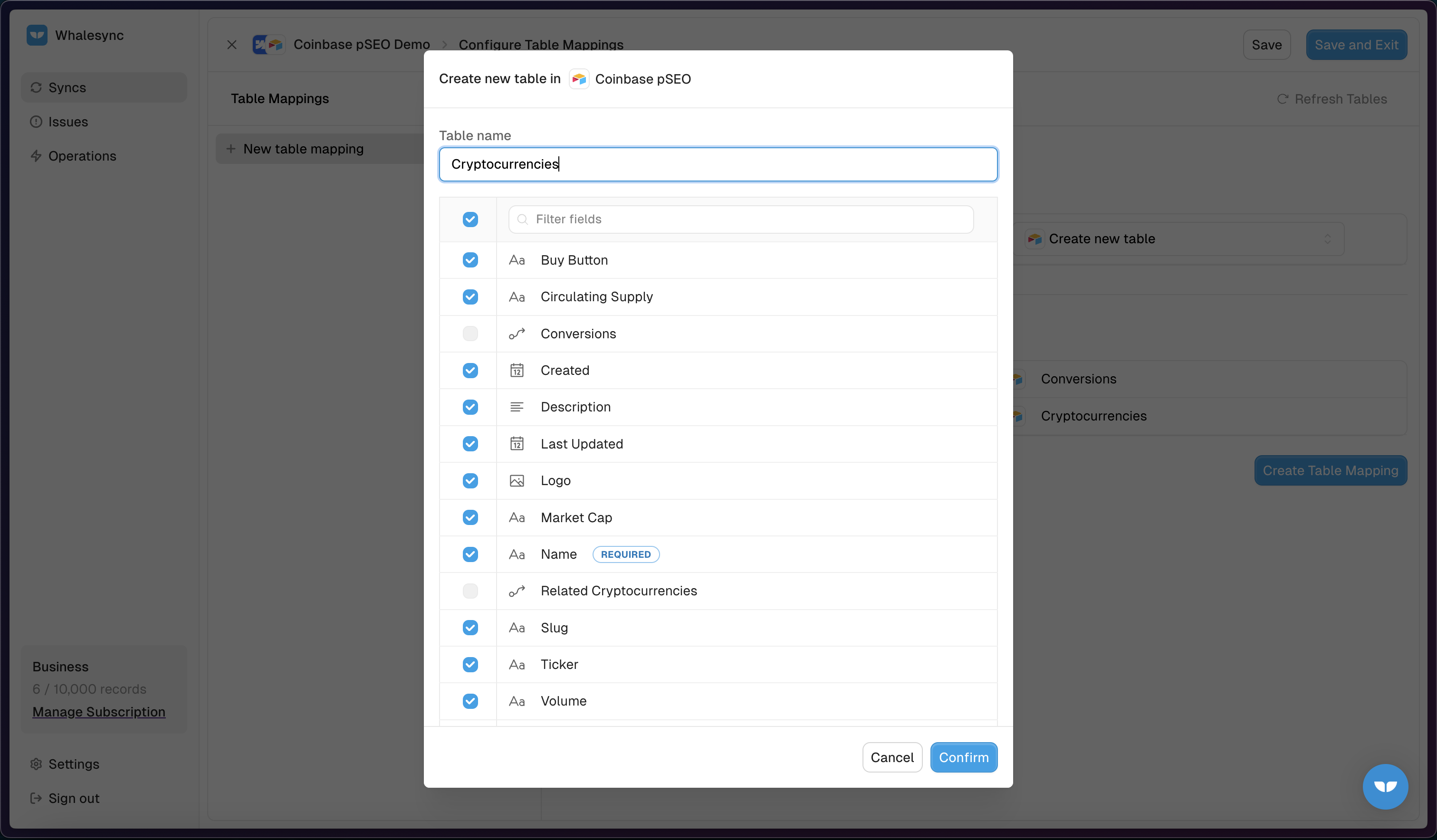 Whalesync auto-create in action - simply pick the fields you want to create in Airtable