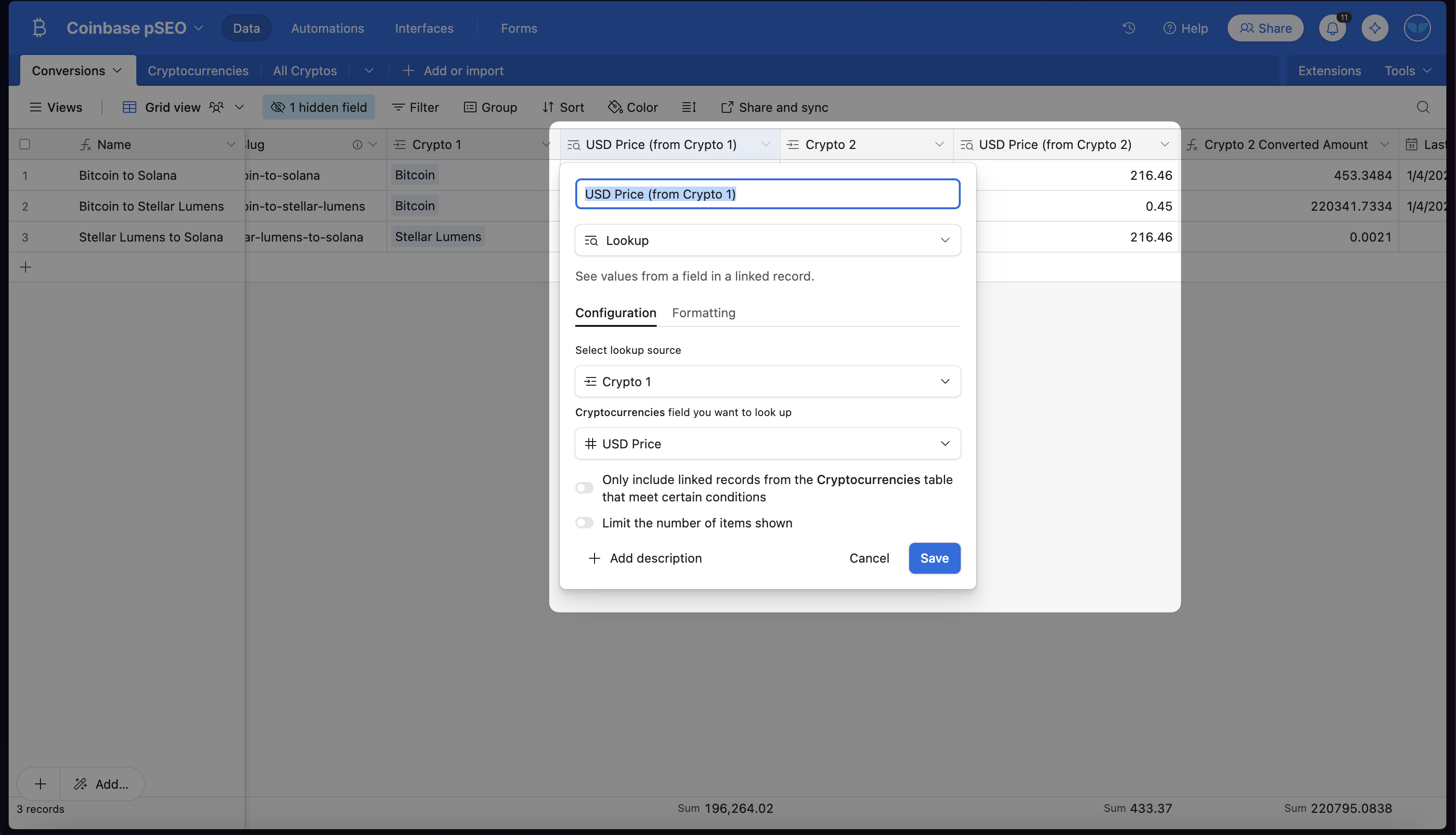 Example Lookup field that pulls the price of each cryptocurrency into our Conversions table