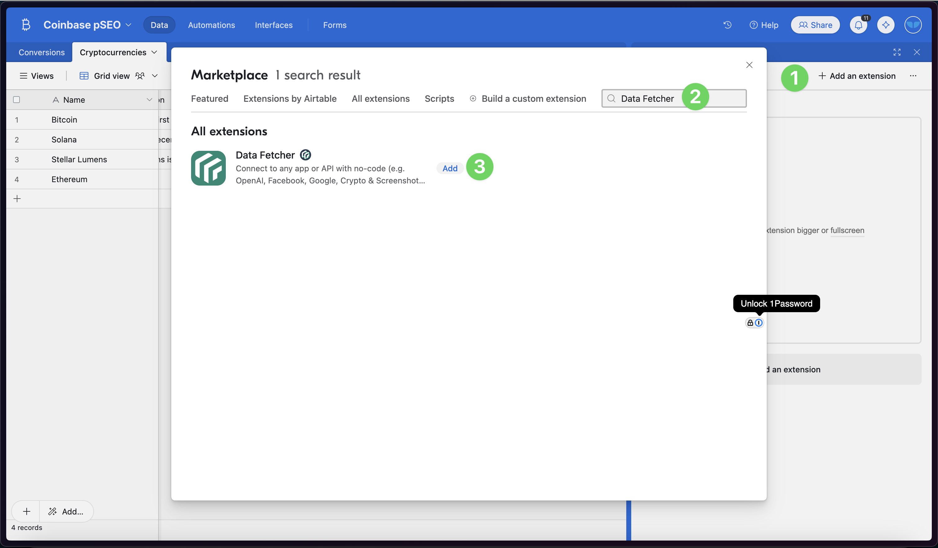 Data Fetcher is a tool that lets you pull data from APIs (like CoinMarketCap) into Airtable