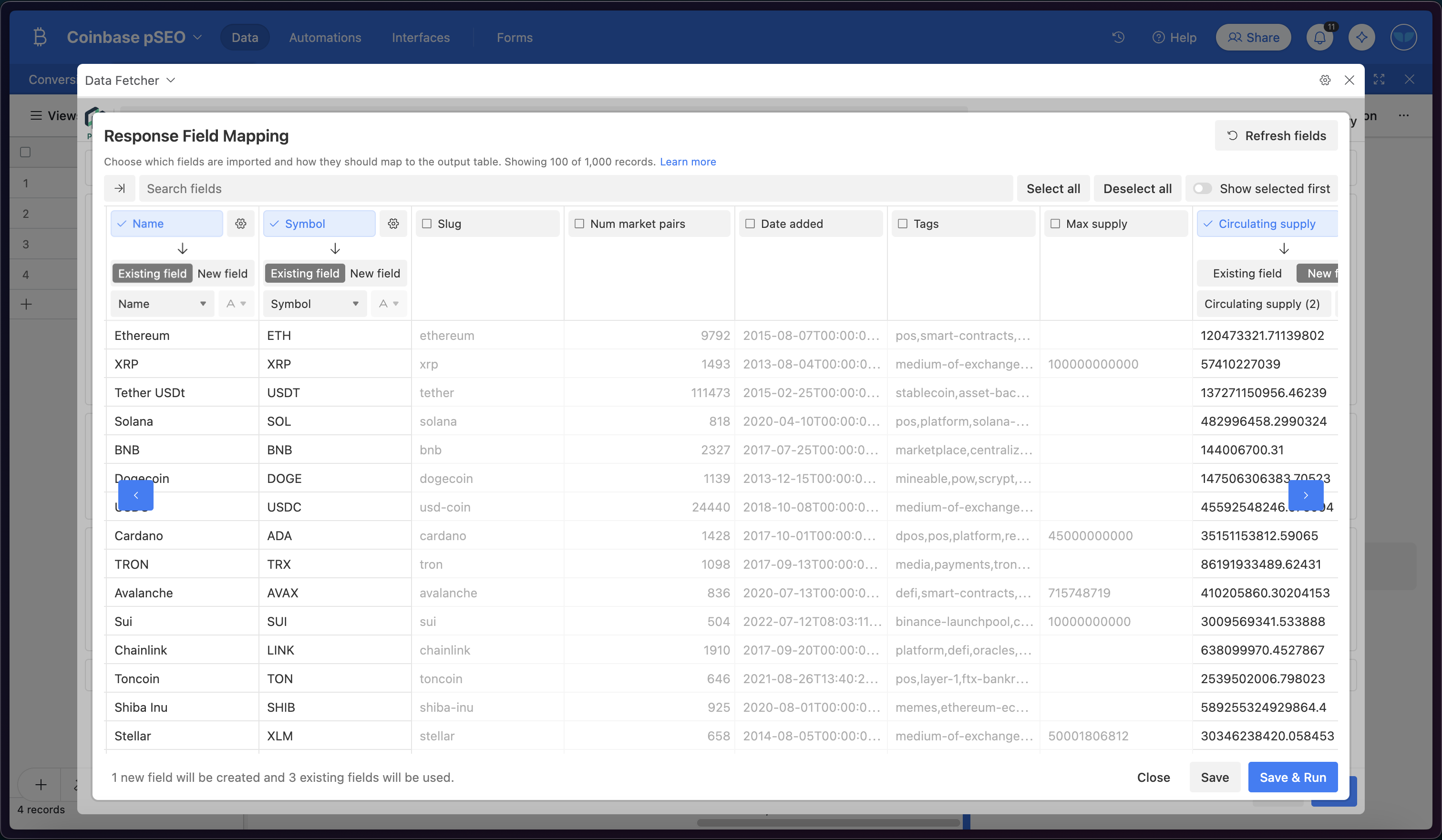 Data Fetcher gives a preview of the data it will sync into Airtable before you run it