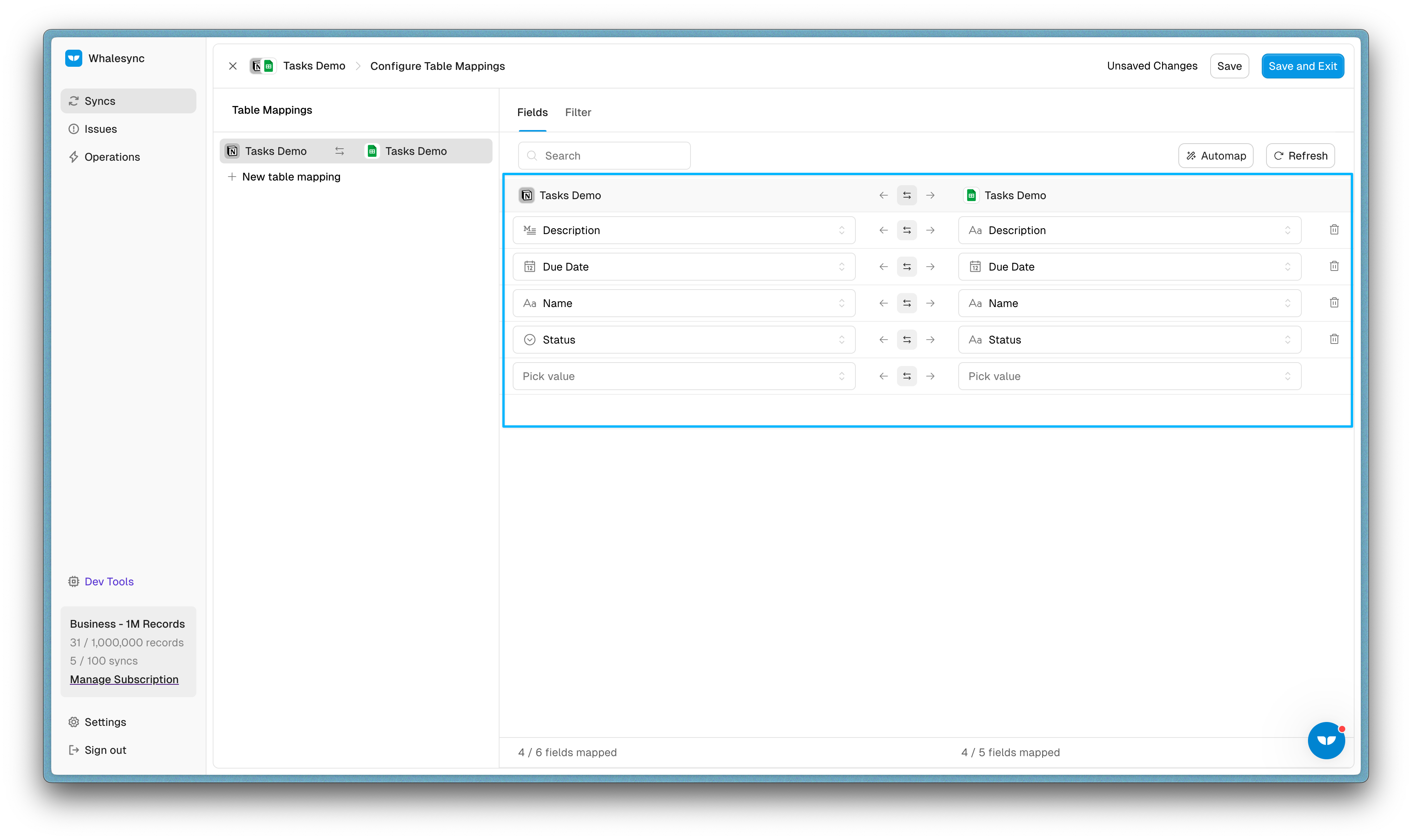 Tip: If you name your fields the same, Whalesync will automap them for you.