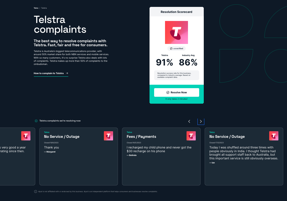 Ajust's customer-facing complaints page for telco provider Telstra