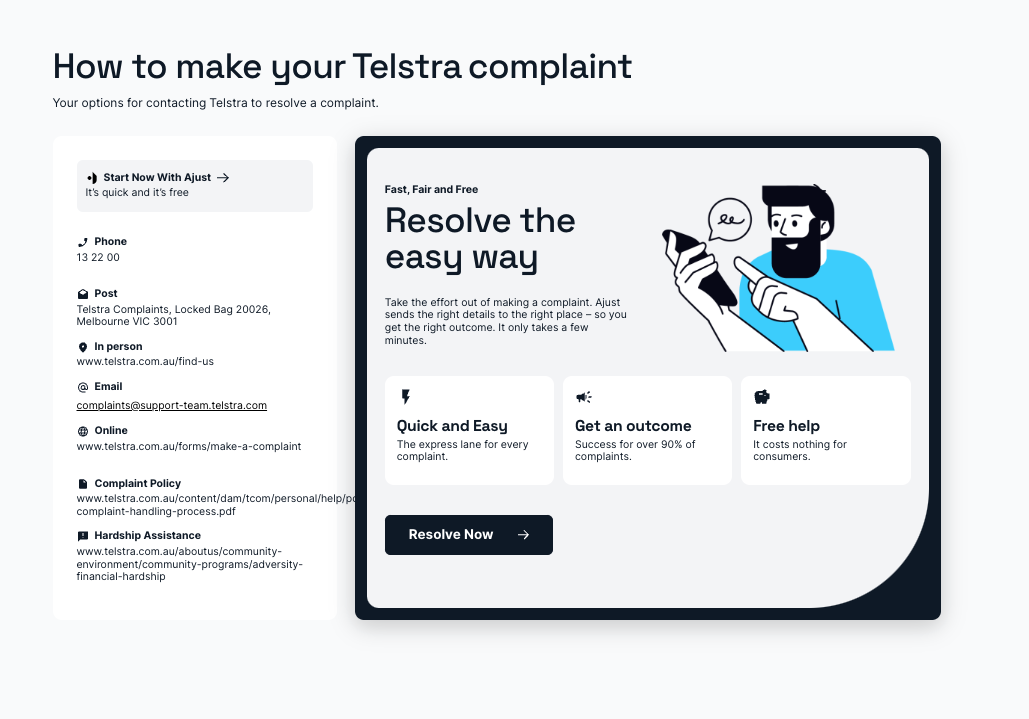 SEO-optimized step-by-step breakdown to file a complaint against Telstra from Ajust's website