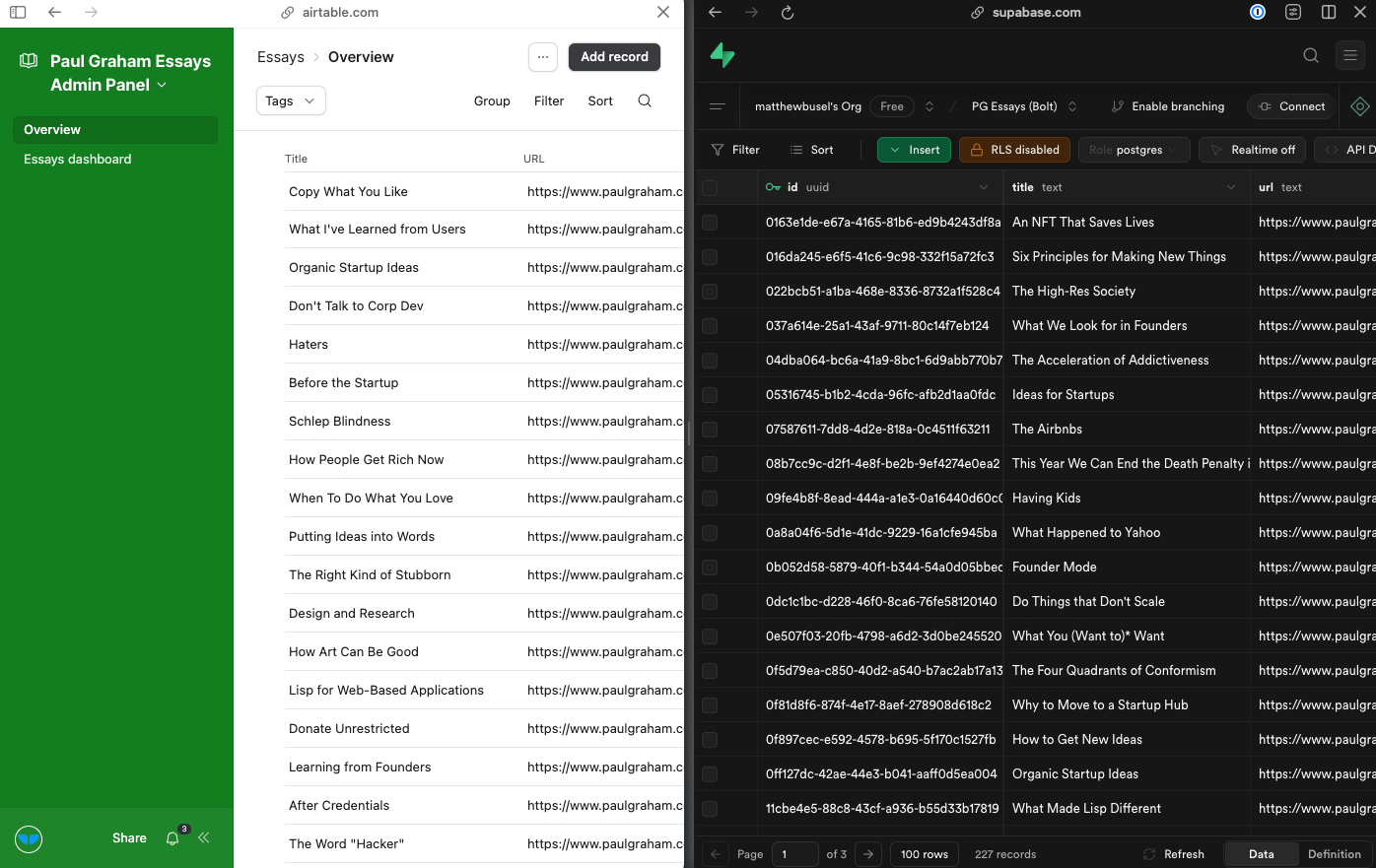 Left-side is the Airtable admin panel and right side is the Supabase data it’s connected to